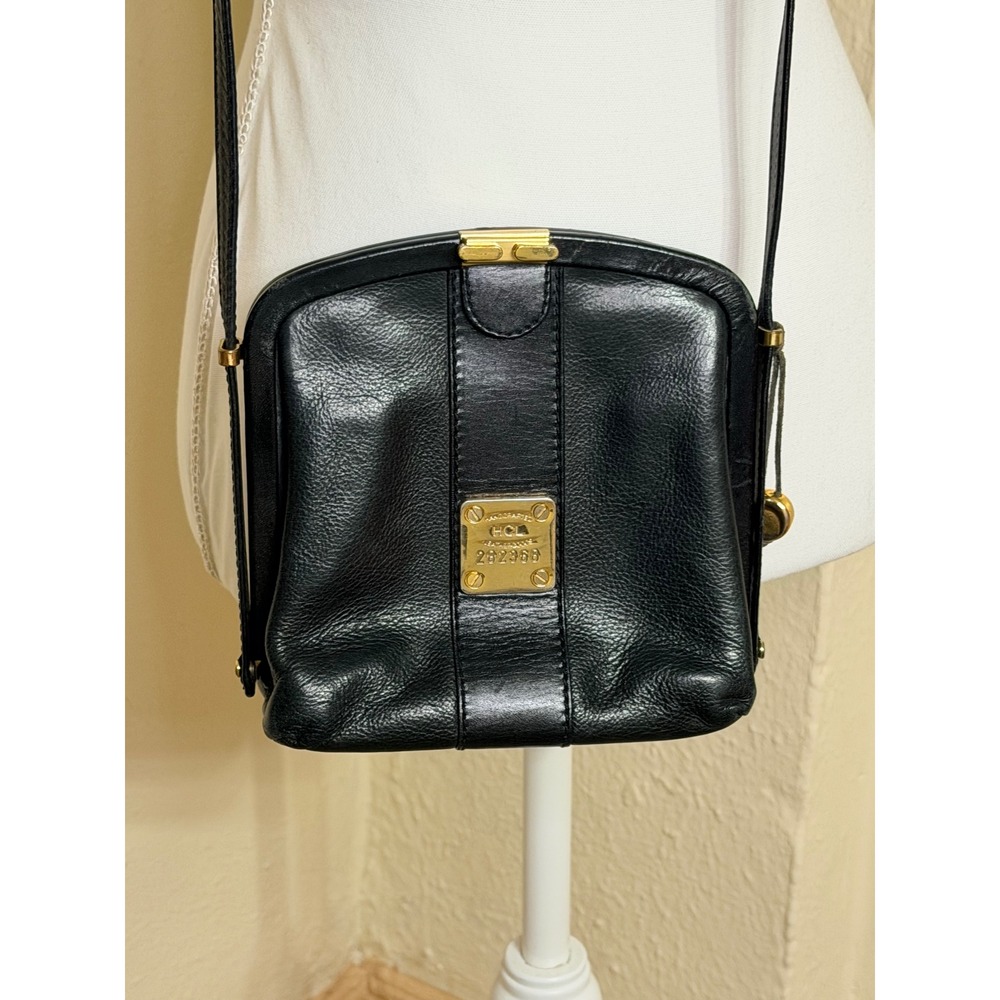 HCL Handcrafted Leathergoods Black Leather Crossbody Bag Vintage Germany 282368